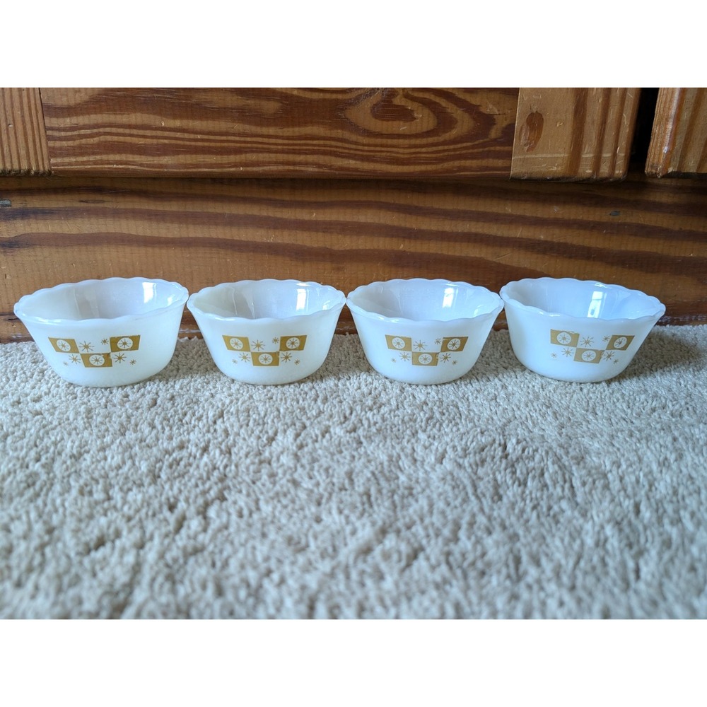 Vintage Fire King Atomic Star White Bowls Yellow Starburst Design Milk Glass